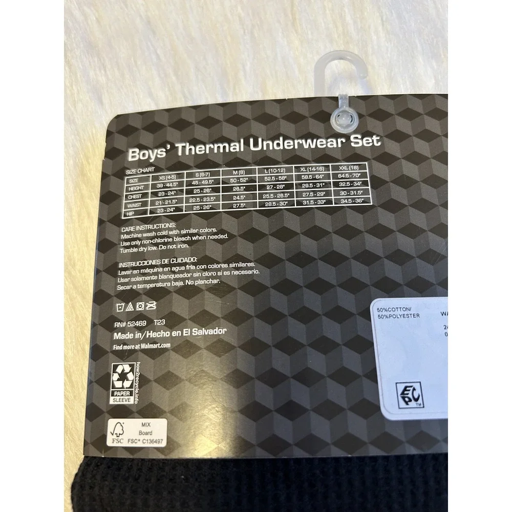 Athletic Works Thermal Underwear Set Boys‎ Size XS (4-5) Black Waffle Pajamas
